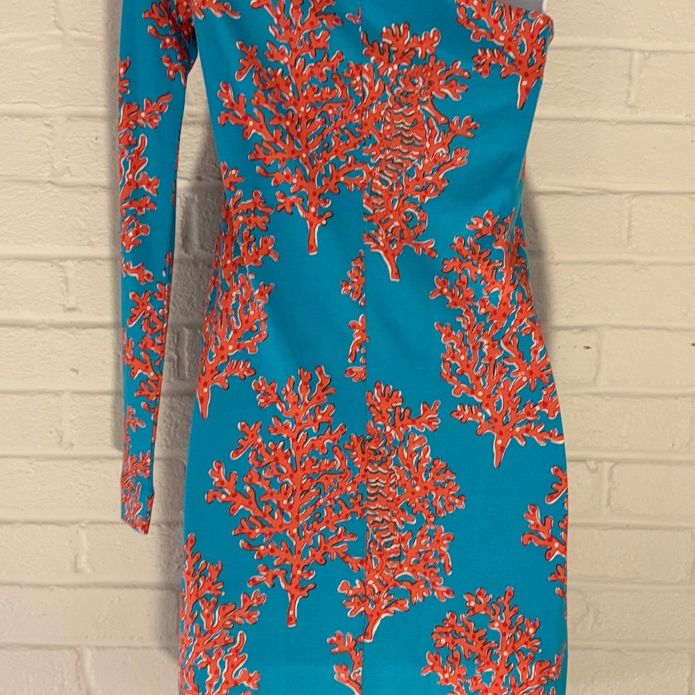 Lilly Pulitzer Whitaker One Shoulder Turquoise Coral Siesta Jersey Dress, XS - Picture 2 of 7